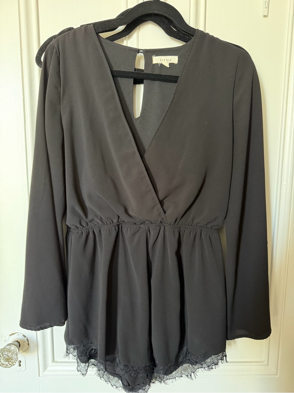 ILLA ILLA Black Lace Trim Surplice Peplum Top